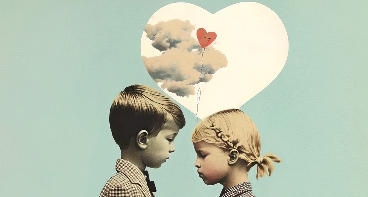 ένα αγόρι κορίτσι αντικριστά και από πάνω τους μέσα σε μια καρδιά ένα σύννεφο και μια καρδιά