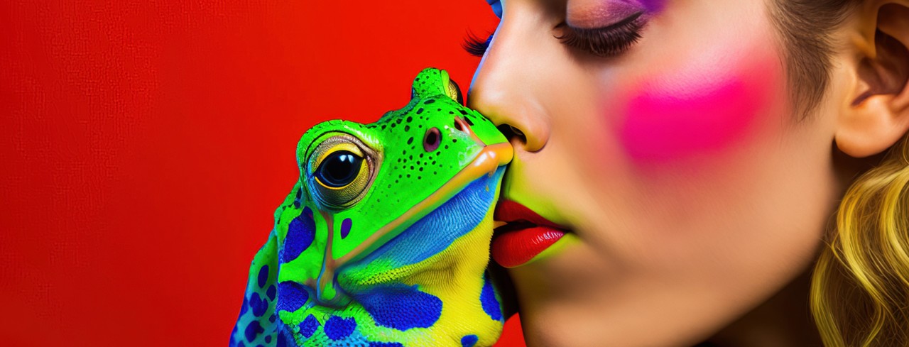 Μια γυναίκα έντονα βαμμένη φιλά ένα βάτραχο σε έντονα πράσινα και μπλε χρώματα και πίσω είναι ένα έντονο κόκκινο φόντο